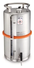 Safety barrel with tap, and filling level display,