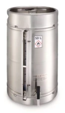 Safety barrel with tap, and filling level display,